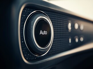 Close-up of a modern car interior, air conditioner control panel with a large round button labeled "Auto", modern design, minimalism, high-resolution photography, high detail, hyper-realistic. 