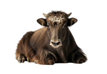 A yak, a medium shot, lies in profile against a black background, showcasing its rich brown fur and attentive expression.