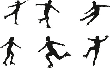 WFigure skating silhouette vector, ice skater poses, winter sports illustration, athletic movement, graceful choreography, dynamic posture, black silhouette artwork, skating motion