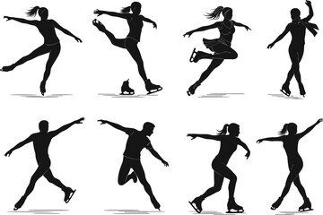 Figure skating silhouette vector, ice skater poses, winter sports illustration, graceful movement, athletic choreography, dynamic motion, black silhouette, skating art