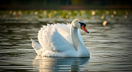 Fototapeta premium Elegant Swan Gracefully Gliding on Calm Lake Waters