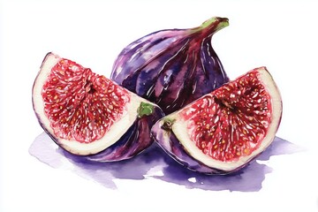 Watercolor figs with slices isolated on white background