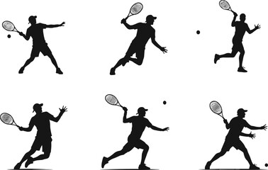 Tennis player silhouette vector, dynamic racket pose, black figure illustration, athletic movement, ball interaction, sports action concept, editable design, match technique art