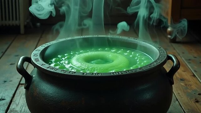 Mysterious bubbling cauldron with green potion and swirling smoke
