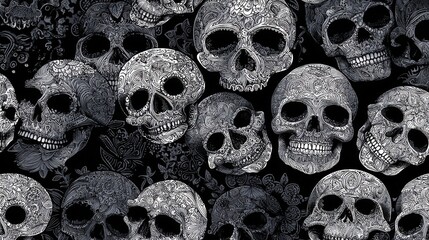 Fototapeta premium Multiple skulls are displayed with detailed, artistic patterns, showcasing intricate designs in black and gray tones. The arrangement creates a captivating and unique visual effect.
