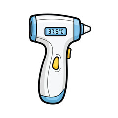 A cartoon illustration of a white and blue digital ear thermometer displaying 37.5 degrees Celsius, used for measuring body temperature.