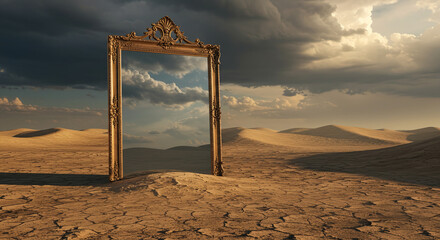 Ornate mirror reflecting a desert landscape against a dramatic sky.