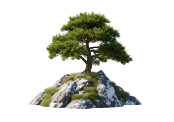 A lush, green tree stands proudly atop a small, rocky island, bathed in natural light.