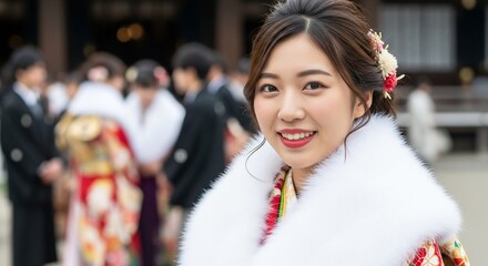 成人式：成人の日に成人式会場で微笑む着物姿の日本人女性