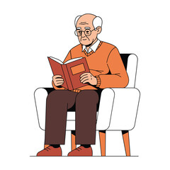 Senior Man Reading Book in Armchair, Calm Peaceful Illustration