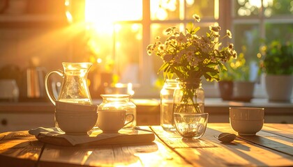 A kitchen table with glassware shimmering under warm sunlight, everyday objects glowing as if touched by enchantment