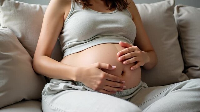 Pregnant woman lovingly cradles her belly on sofa in 4k video, a tender moment of anticipation and connection before motherhood begins