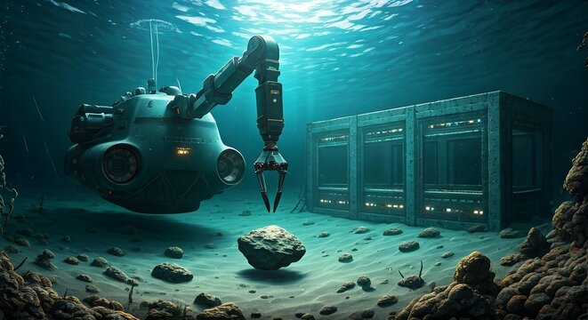 Underwater Robotic Arm Inspecting Subsea Data Center