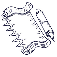 Ancient Parchment with Writing Tool: A detailed ink illustration showcases a weathered parchment scroll, hinting at untold tales, accompanied by a vintage writing tool, ready to record history.