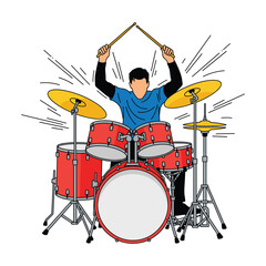 Energetic Drummer Playing Red Drum Kit, Line Art Style, Music Illustration