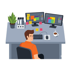Fototapeta premium Focused Graphic Designer Working at Modern Desk with Dual Monitors