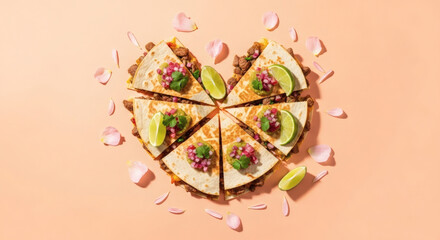 Sliced Quesadilla in a Heart Shape, Topped with Guacamole and Lime on a Peach Background