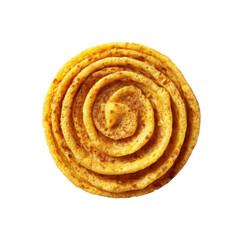 Fototapeta premium Top View of a Single Round, Swirled, Orange-Yellow Flatbread or Pancake