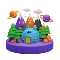 Obraz premium Whimsical claymation scene with cartoon mountains planets trees and a cozy igloo home