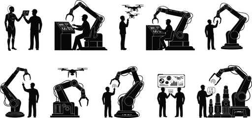 Futuristic industrial automation with robotic arms, human workers, AI robot, drones, smart technology, data analytics, advanced manufacturing, collaborative robots