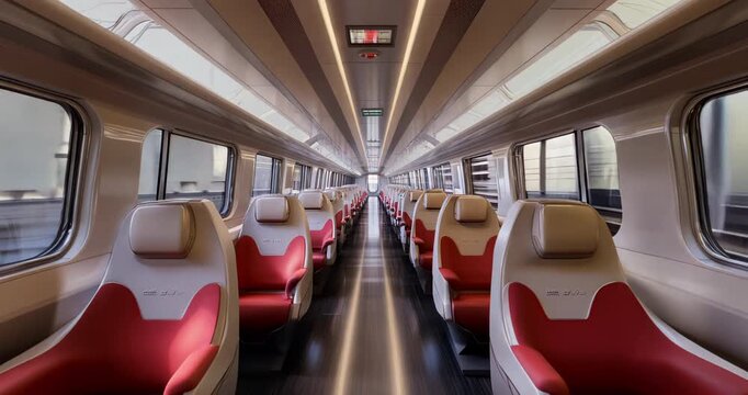 A bright and clean interior of a modern high-speed train in motion.