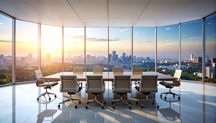 Modern conference room with city skyline view