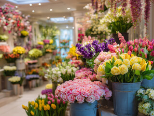 Fototapeta premium Flower Shop Interior with Colorful Bouquets and Fresh Flowers