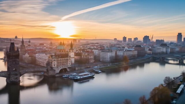 Sunset in prague, czech republic, with buildings and river. Suitable for travel websites, postcards, and articles about european cities.