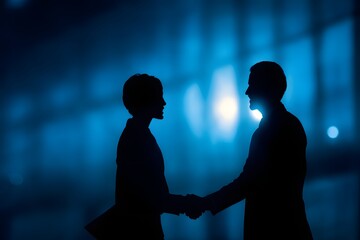 Silhouette of a man and a woman shaking hands in front of a blurred background, signifying agreement and cooperation