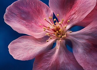 Close-up of a pink peach blossom blooming in spring against a blue background, captured through macro photography. This stock photo was the winner of a contest, an award-winning image with high resolu