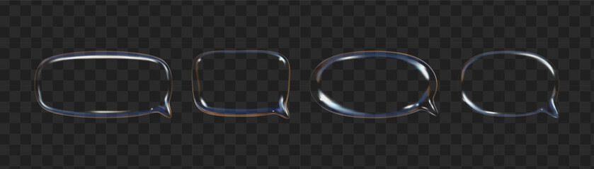 Four distinct transparent speech bubbles are displayed, showcasing a realistic glass texture with reflective surfaces, ideal for conveying dialogue or conversation themes.