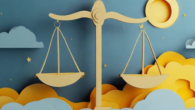Balance scale floating above clouds in paper art style representing libra zodiac sign