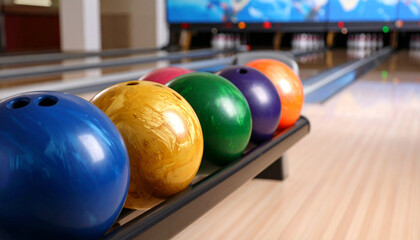 A row of colorful bowling balls neatly lined up on a rack at a bowling alley.