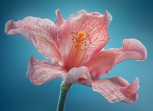 Close-up of a pink peach blossom blooming in spring against a blue background, captured through macro photography. This stock photo was the winner of a contest, an award-winning image with high resolu