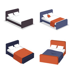 Four modern isometric beds with different color schemes and bedding arrangements displayed on a white background