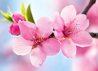 Close-up of a pink peach blossom blooming in spring, macro photography, with fresh and vibrant colors, against a blue sky background, in natural sunlight, and a shallow depth of field. Stock photo, hi