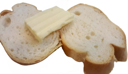 Baguette, Bread home cook bun topped by butter on isolated white background, golden brown bread