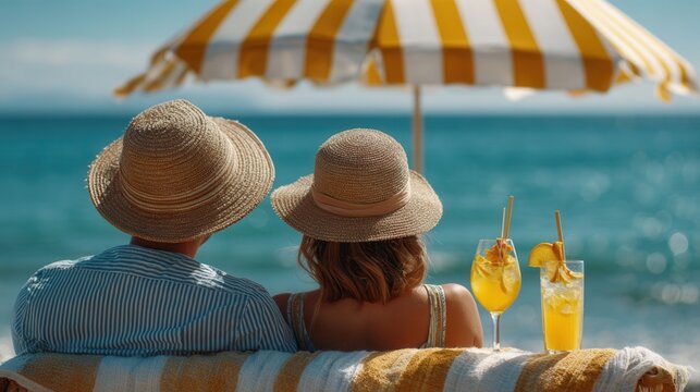 Couple relaxing on beach chairs with refreshing cocktails, enjoying seaside serenity under a sunny umbrella
