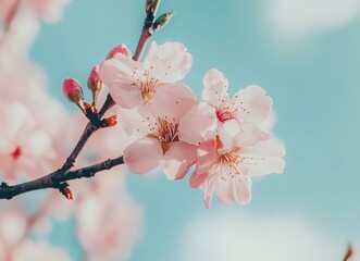 Close-up of a pink peach blossom blooming in spring, macro photography, with fresh and vibrant colors, against a blue sky background, in natural sunlight, and a shallow depth of field. Stock photo, hi