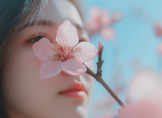Close-up of a pink peach blossom blooming in spring, macro photography, with fresh and vibrant colors, against a blue sky background, in natural sunlight, and a shallow depth of field. Stock photo, hi
