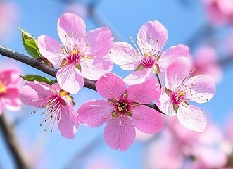Close-up of a pink peach blossom blooming in spring, macro photography, with fresh and vibrant colors, against a blue sky background, in natural sunlight, and a shallow depth of field. Stock photo, hi