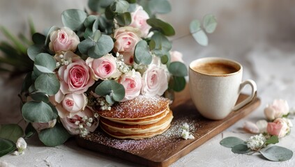 A delicate arrangement of pink roses, eucalyptus, and pancakes with coffee