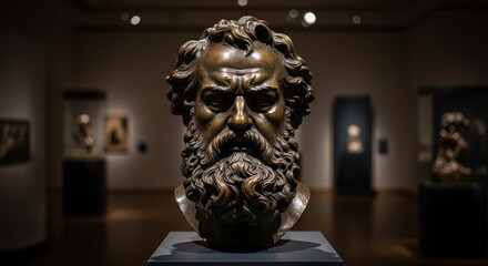 Ancient bronze bust of a bearded man in a museum.