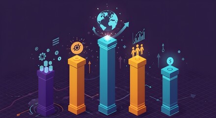 Business Metrics Visualization | Stylized Data Analytics Columns with Global Icons