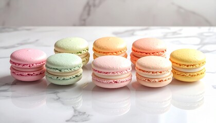 Assorted French macarons in pastel colors arranged neatly on a marble surface, soft natural light
