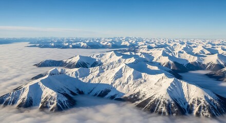 Sunlit Alpine Peaks Floating Above a Pristine Winter Cloud Sea: Panoramic Aerial View