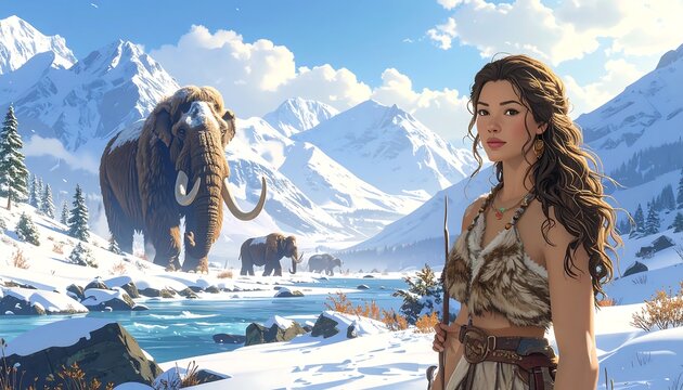 A woman in ancient clothing stands amidst a snowy landscape with mammoths