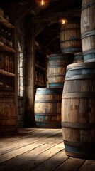 Exploring a rustic cellar filled with wooden barrels under soft lighting in an ancient stone building