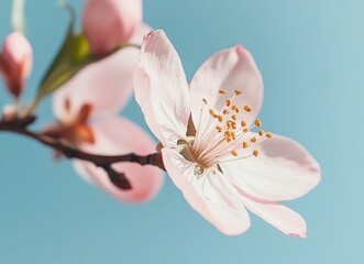 Close-up of a pink peach blossom blooming in spring, macro photography, with fresh and vibrant colors, against a blue sky background, in natural sunlight, and a shallow depth of field. Stock photo, hi