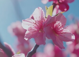 Close-up of a pink peach blossom blooming in spring, macro photography, with fresh and vibrant colors, against a blue sky background, in natural sunlight, and a shallow depth of field. Stock photo, hi